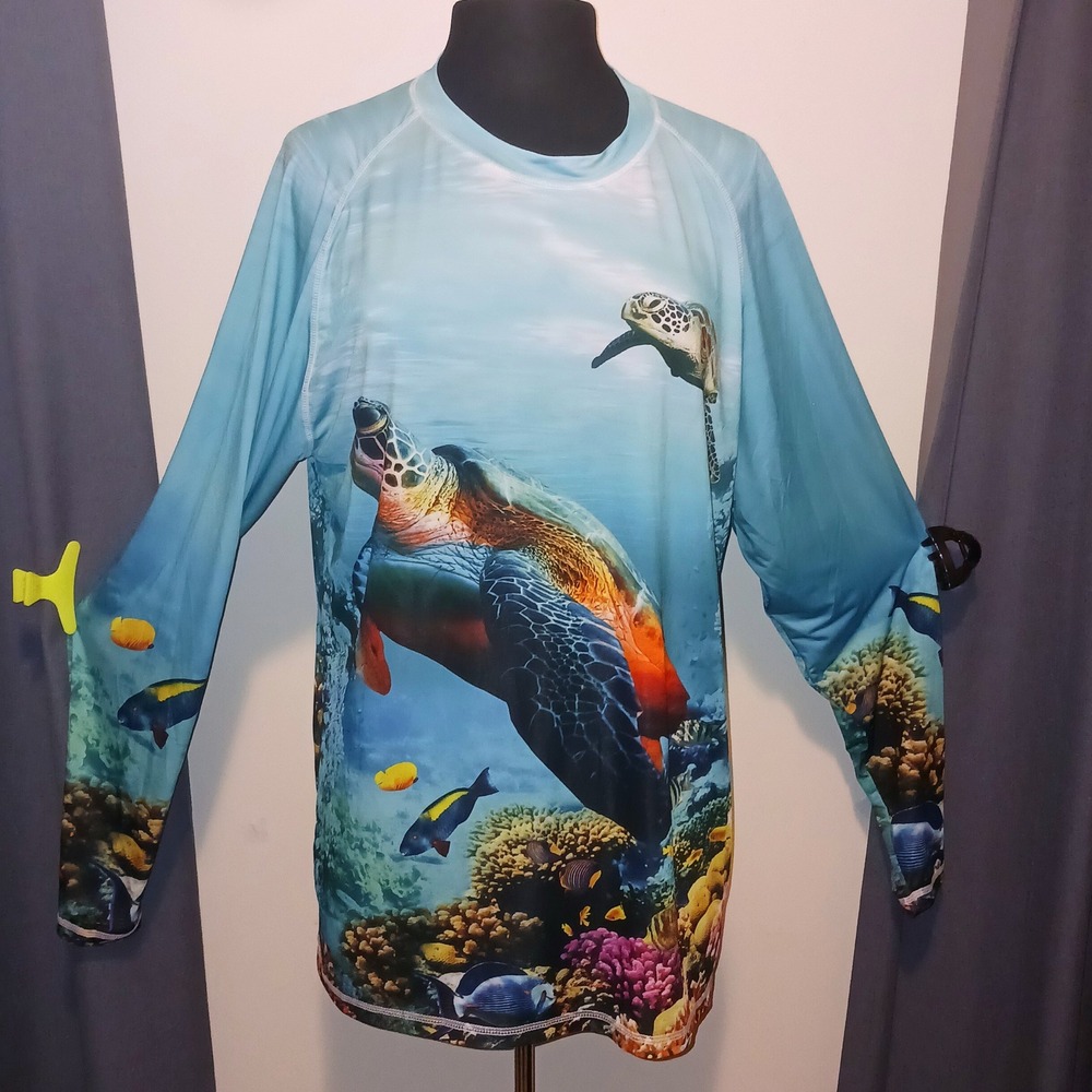 Uzzi Sea Turtle Coral Reef UPF 50 Sun Protection Fishing Shirt Rash Guard XL